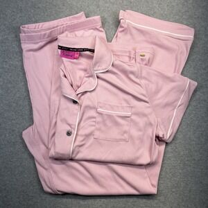 Betsey Johnson Pink Ribbed Pajama Set White Trim Short‎ Sleeve Top Long Pants XL